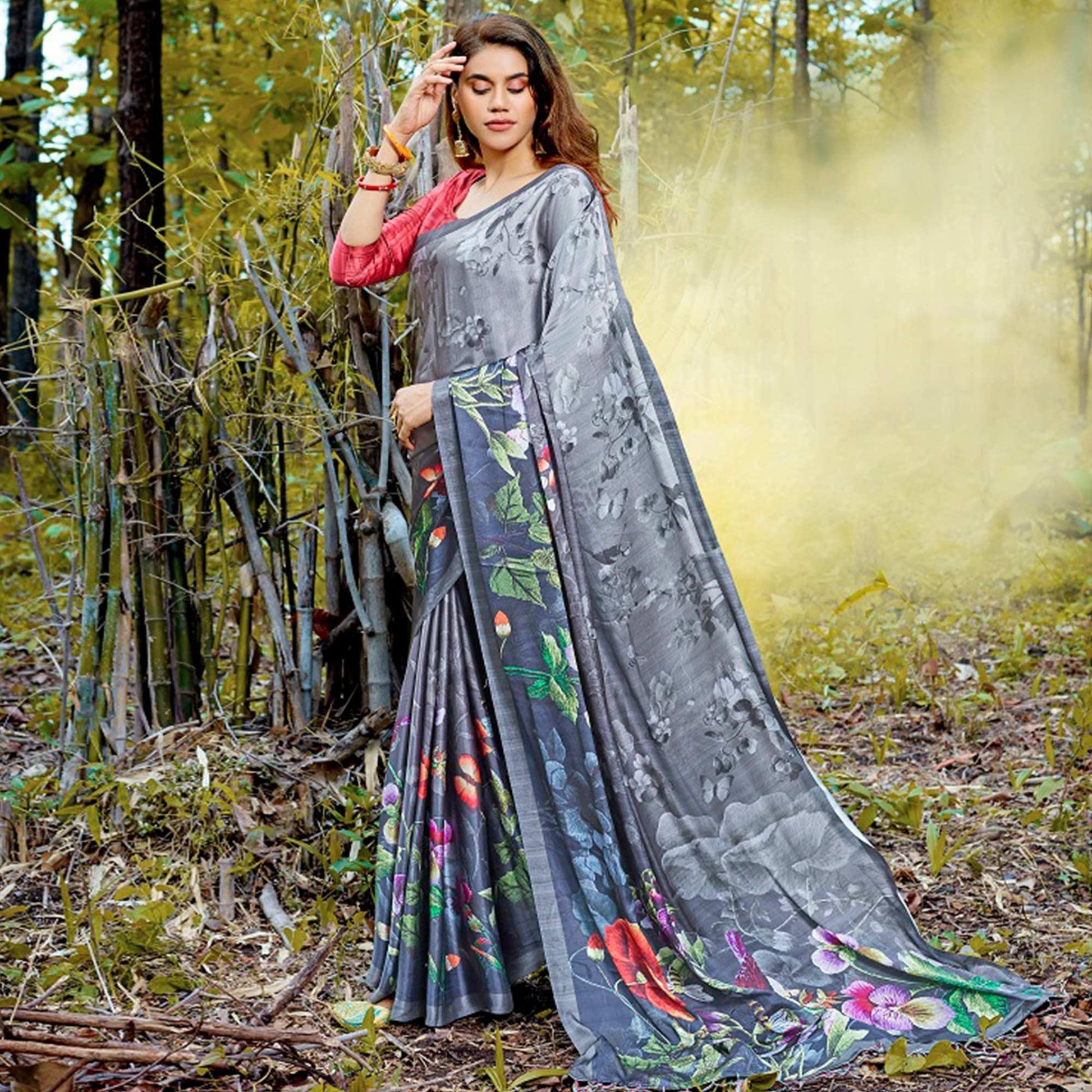 Intricate Gray Colored Casual Digital Printed Satin Crepe Saree