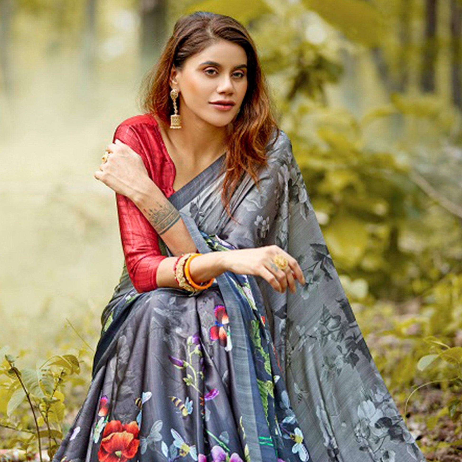 Intricate Gray Colored Casual Digital Printed Satin Crepe Saree