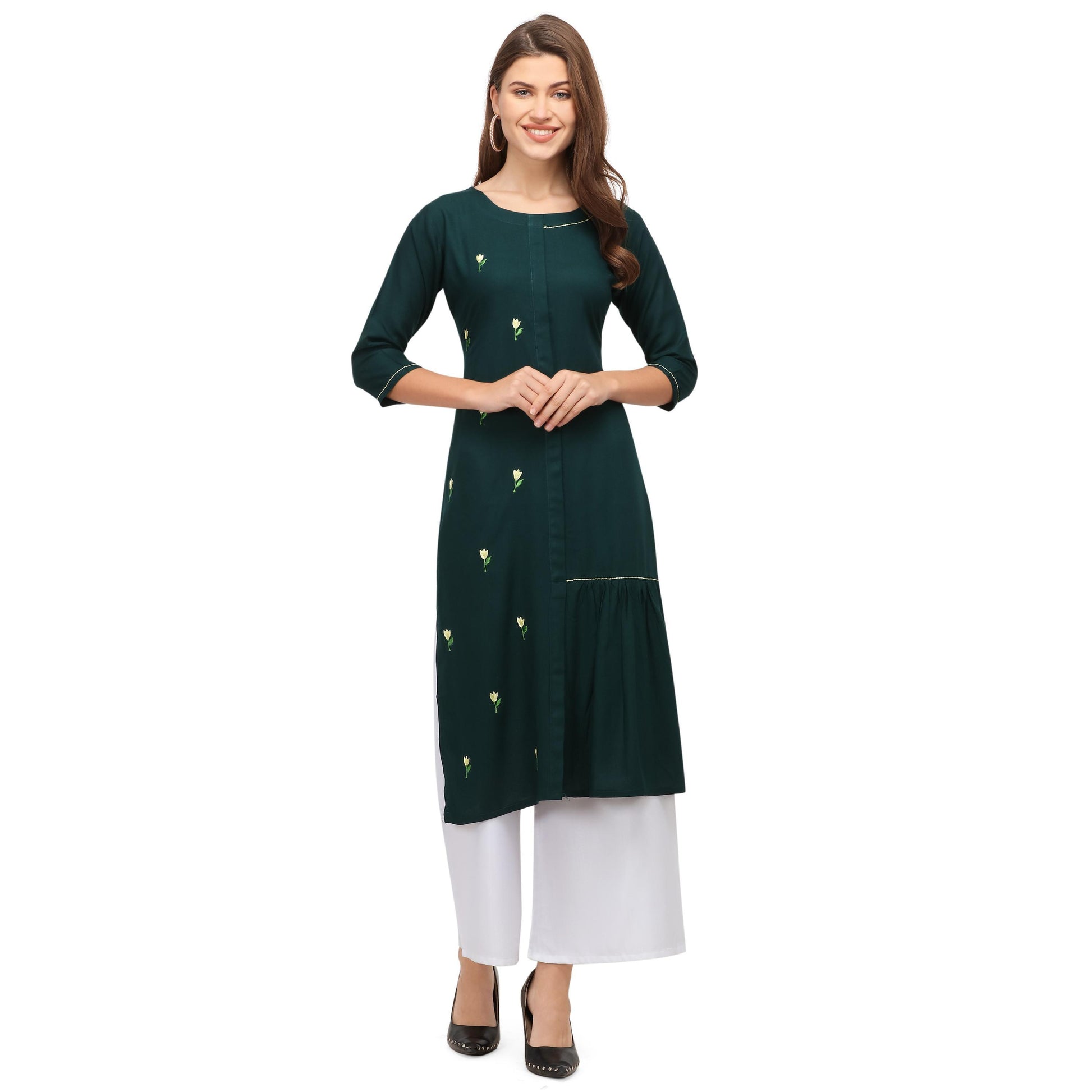 Intricate Green Colored Casual Wear Embroidered Rayon Kurti With Palazzo