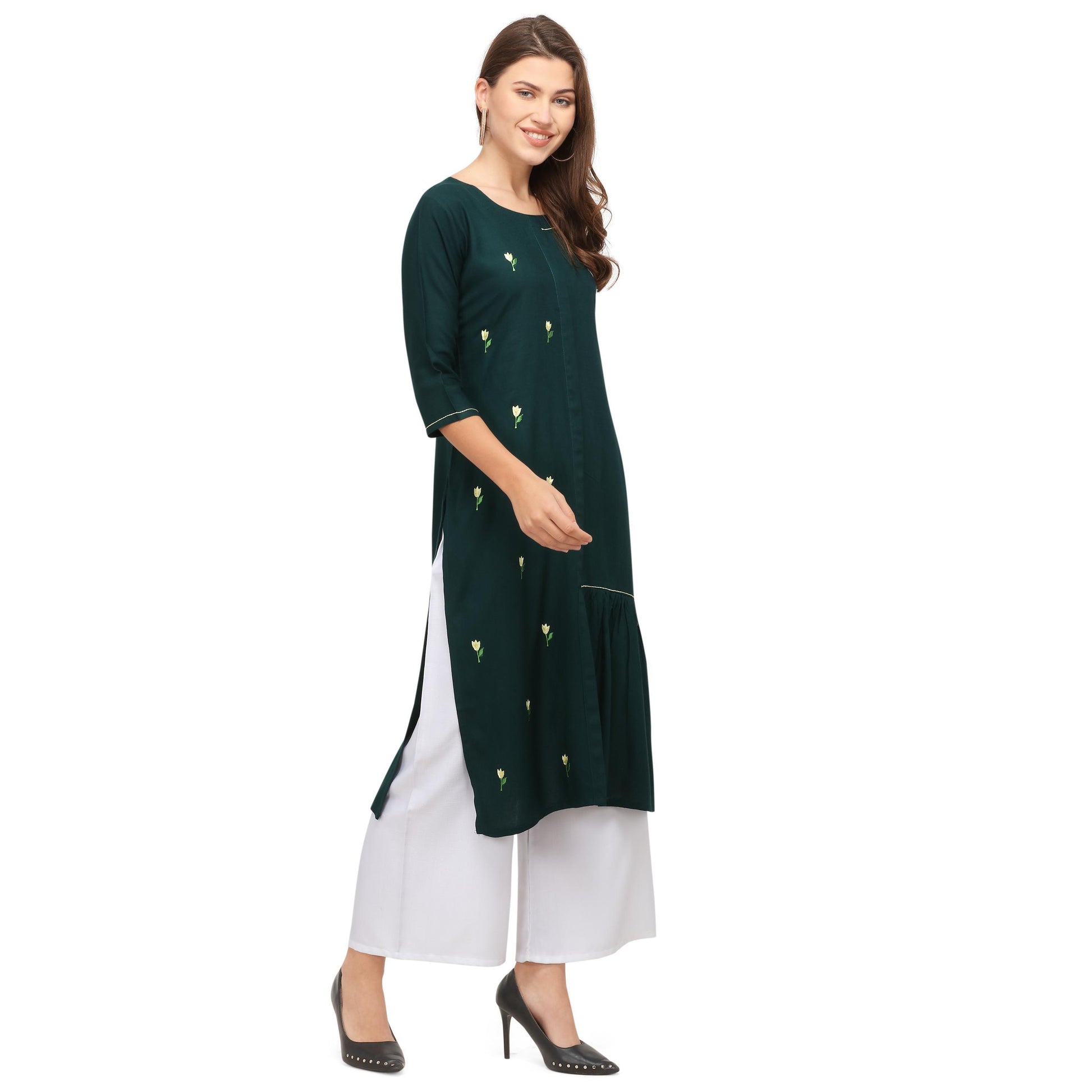 Intricate Green Colored Casual Wear Embroidered Rayon Kurti With Palazzo
