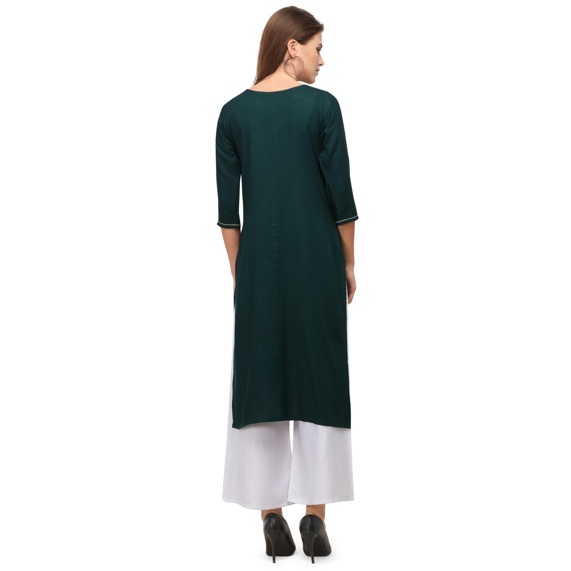 Intricate Green Colored Casual Wear Embroidered Rayon Kurti With Palazzo