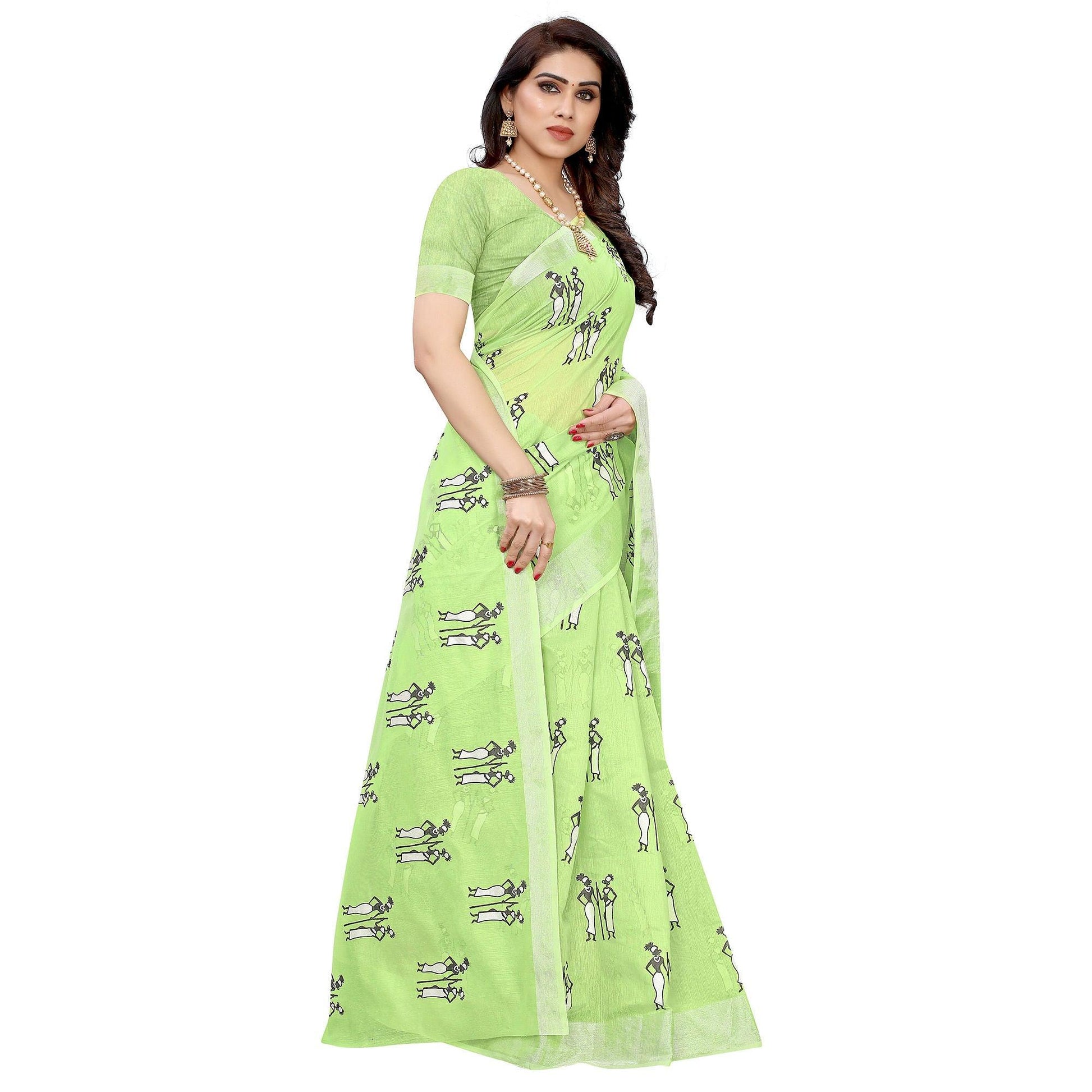 Intricate Green Colored Casual Wear Printed Chanderi Silk Saree