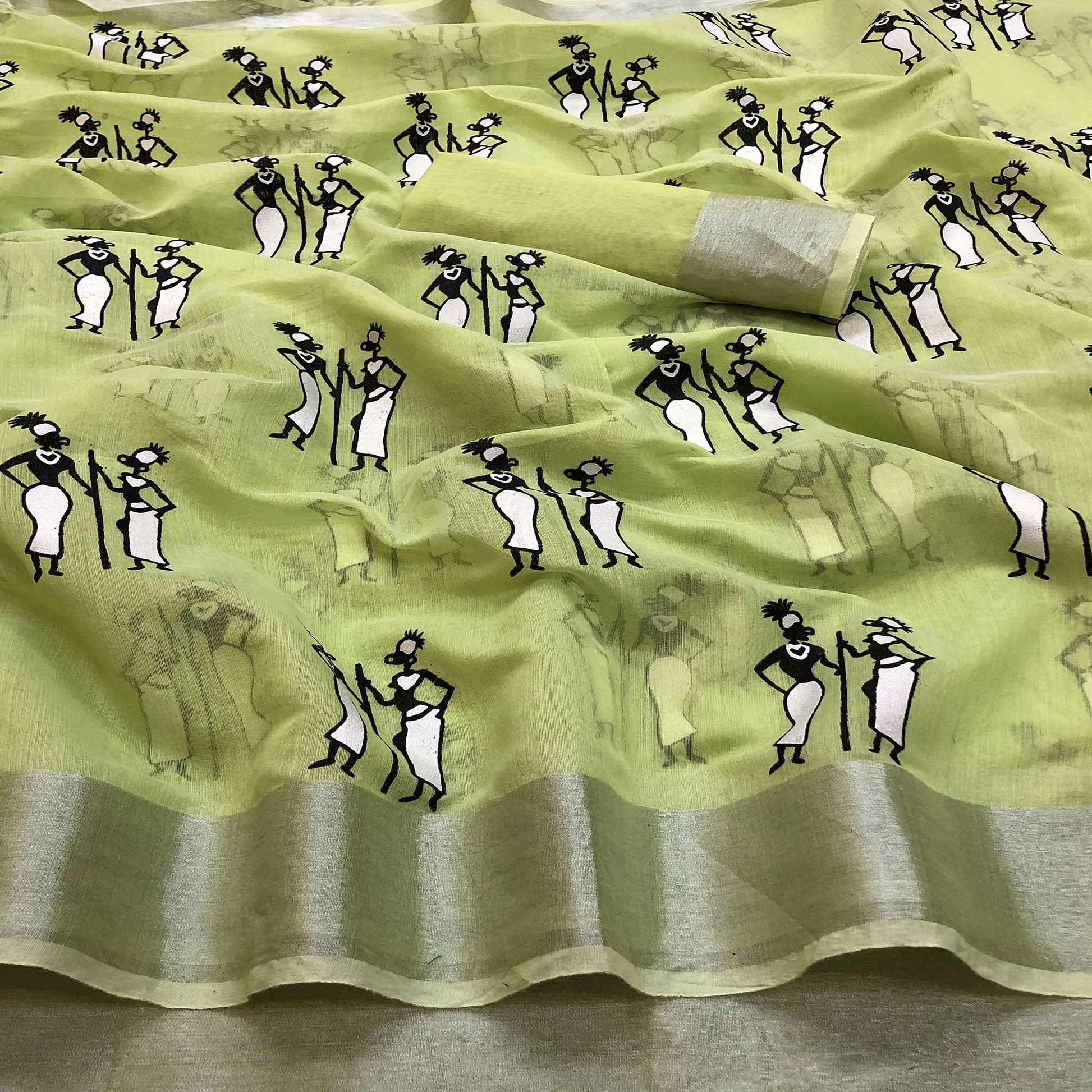 Intricate Green Colored Casual Wear Printed Chanderi Silk Saree