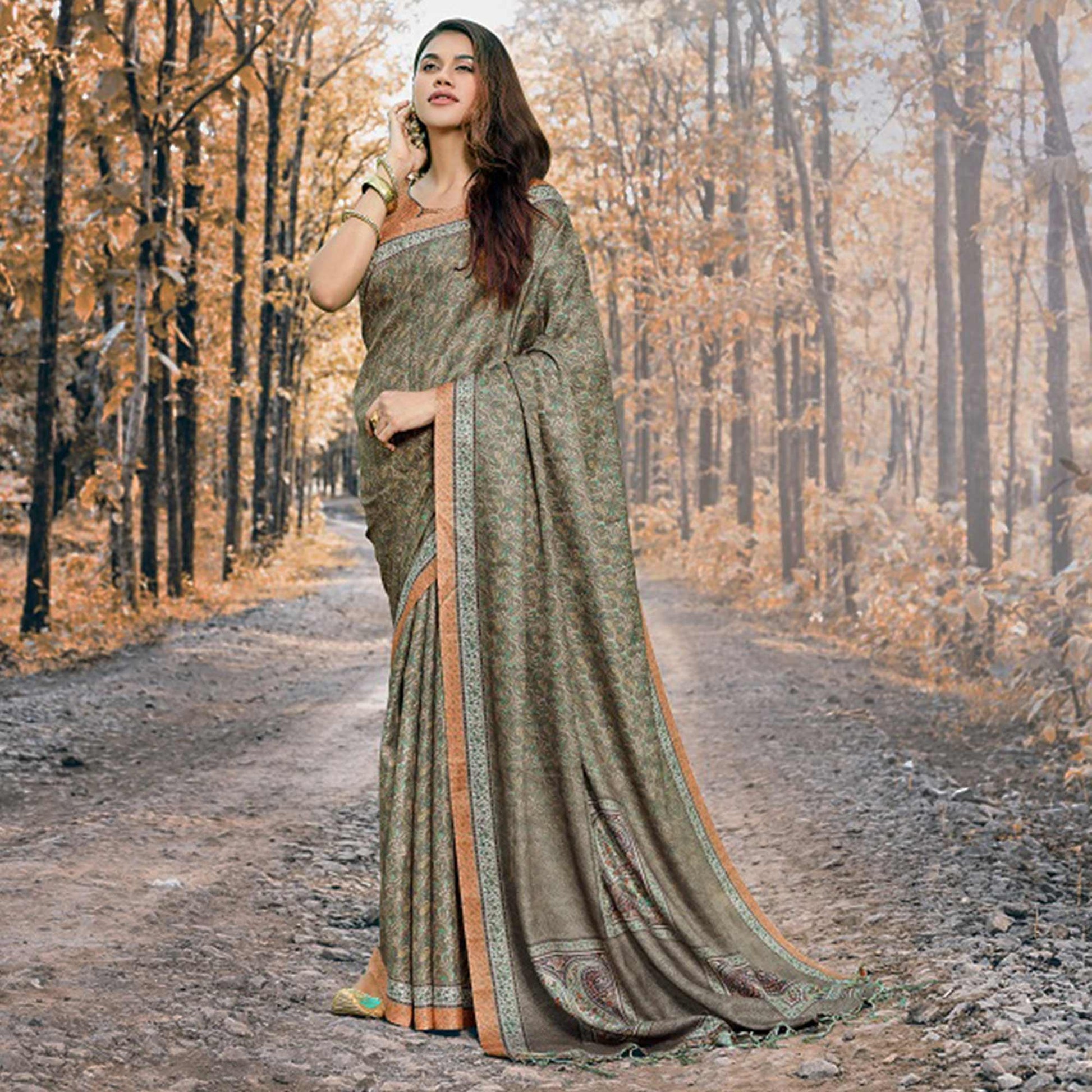 Intricate Green Colored Festive Wear Printed Art Silk Saree