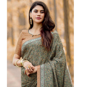 Intricate Green Colored Festive Wear Printed Art Silk Saree