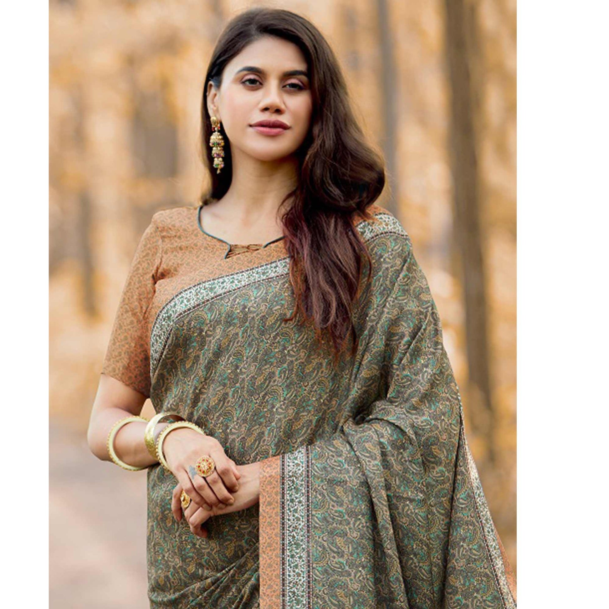 Intricate Green Colored Festive Wear Printed Art Silk Saree