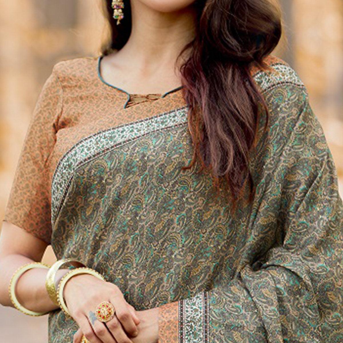 Intricate Green Colored Festive Wear Printed Art Silk Saree