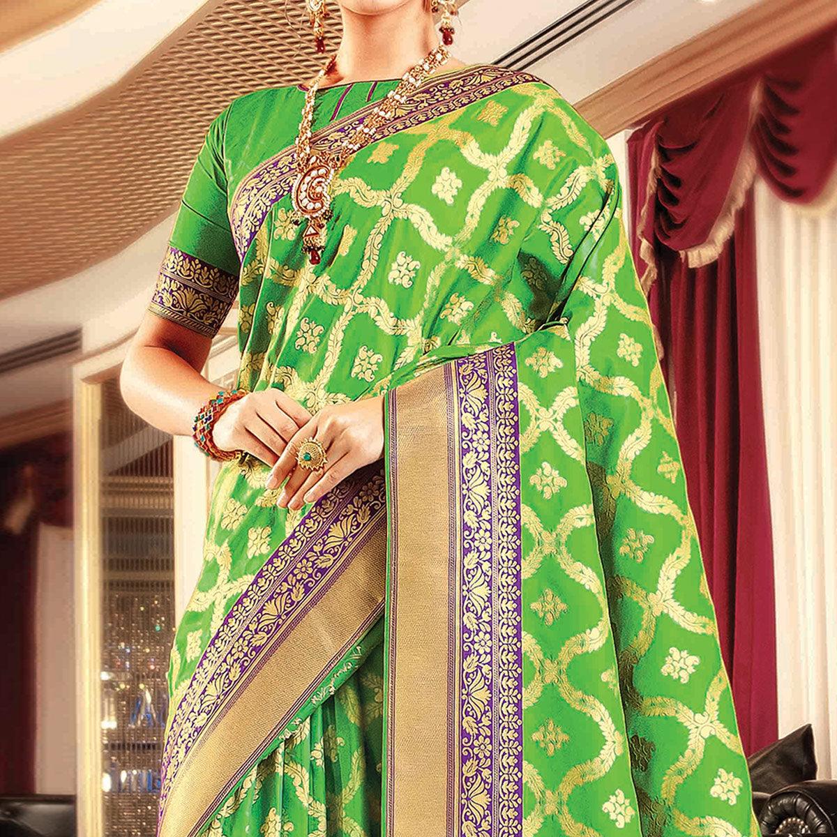 Intricate Green Colored Festive Wear Woven Banarasi Silk Saree