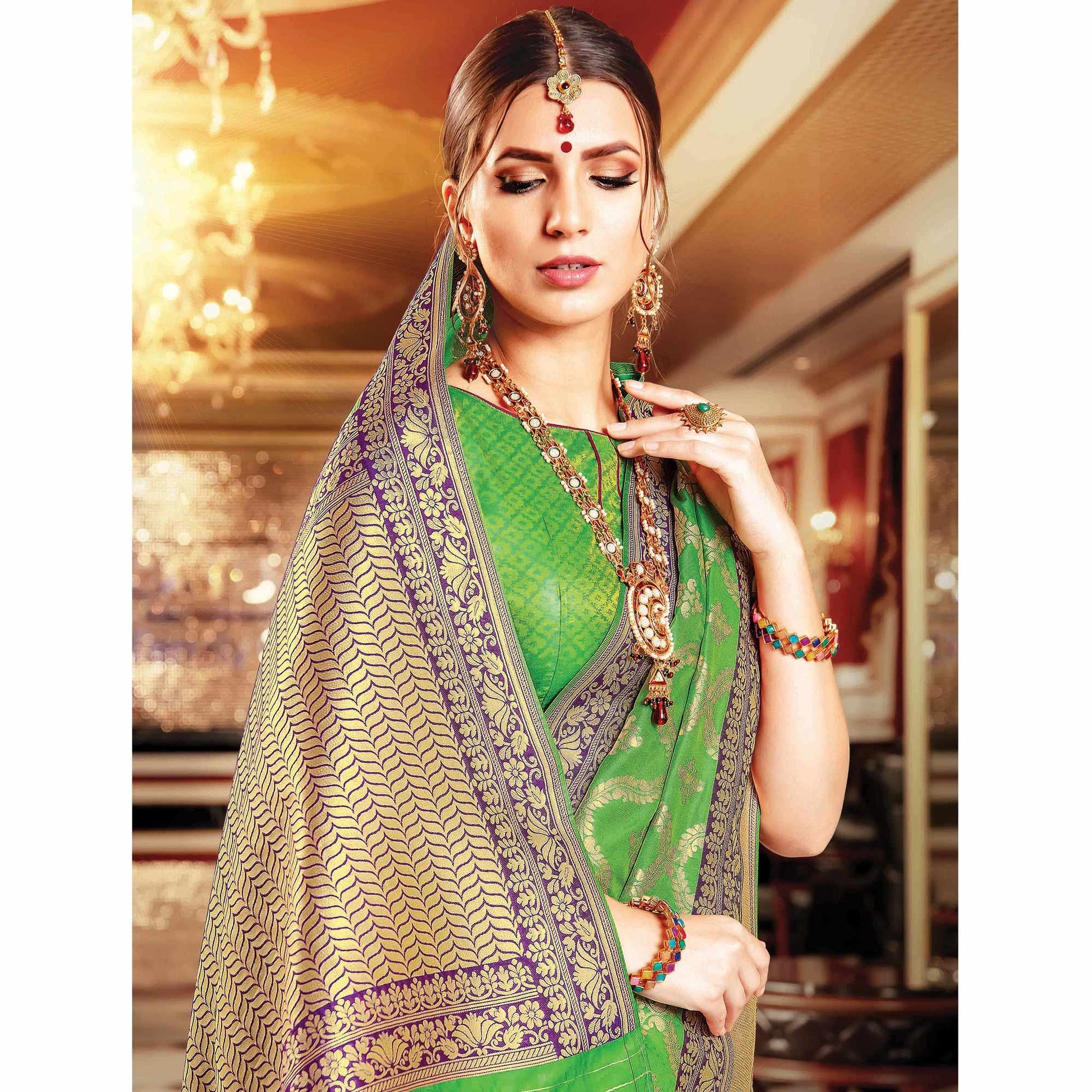 Intricate Green Colored Festive Wear Woven Banarasi Silk Saree