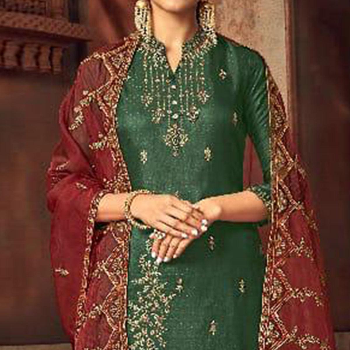 Intricate Green Colored Party Wear Embroidered Silk Palazzo Suit