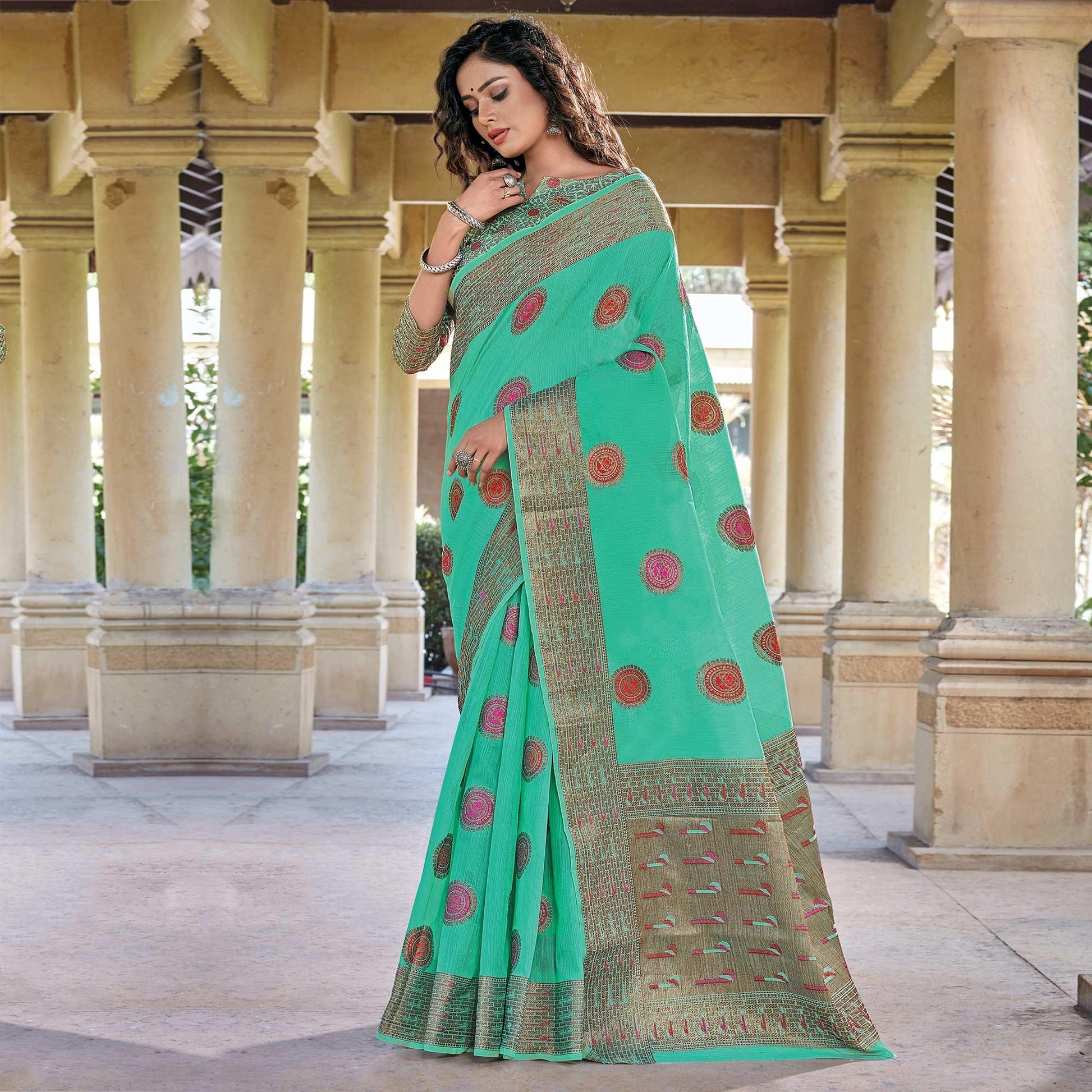 Intricate Green Coloured Festive Wear Woven Cotton Handloom Saree