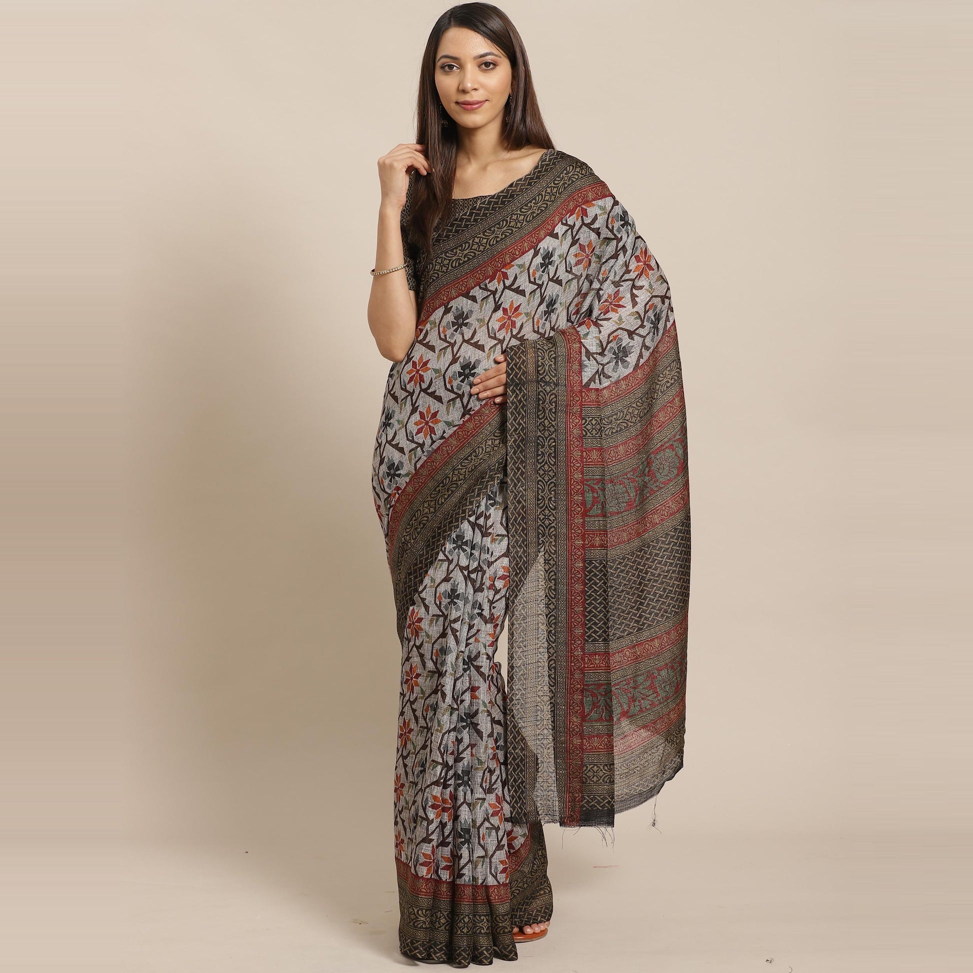 Intricate Grey - Black Colored Casual Wear Printed Silk blend Saree