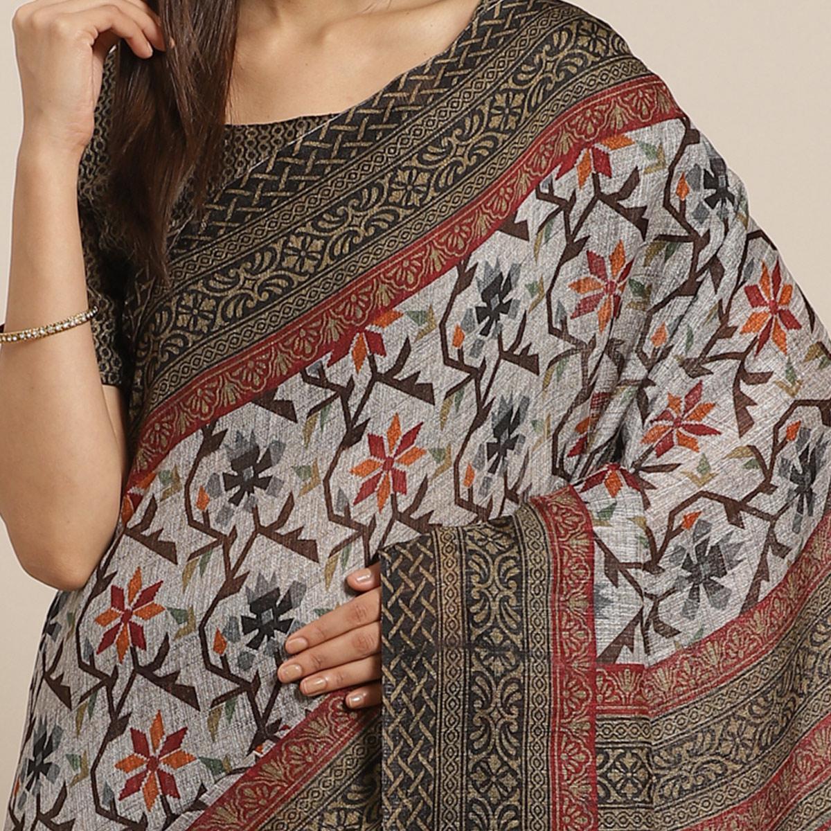 Intricate Grey - Black Colored Casual Wear Printed Silk blend Saree