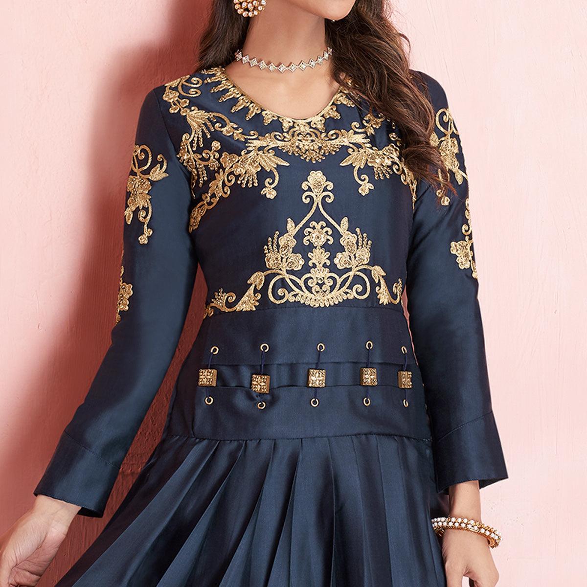 Intricate Greyish Black Colored Partywear Embroidered Tapeta Silk Gown