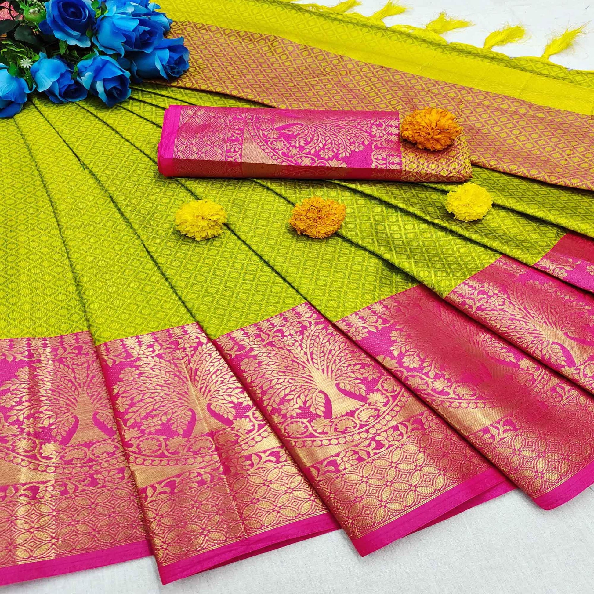 Intricate Lemon Colored Festive Wear Woven Cotton Silk Saree