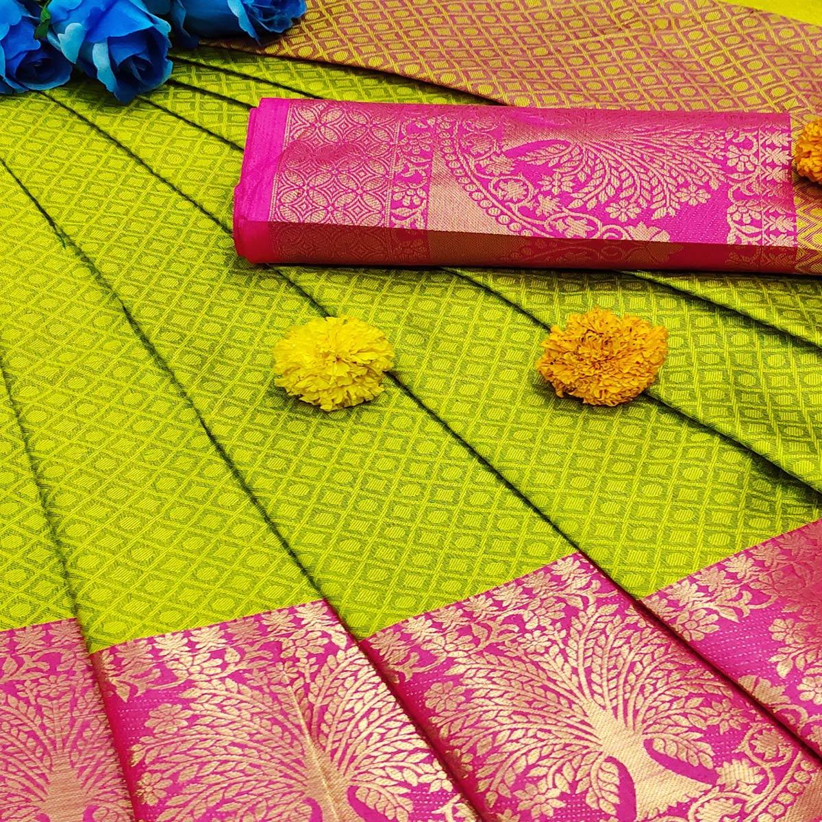 Intricate Lemon Colored Festive Wear Woven Cotton Silk Saree
