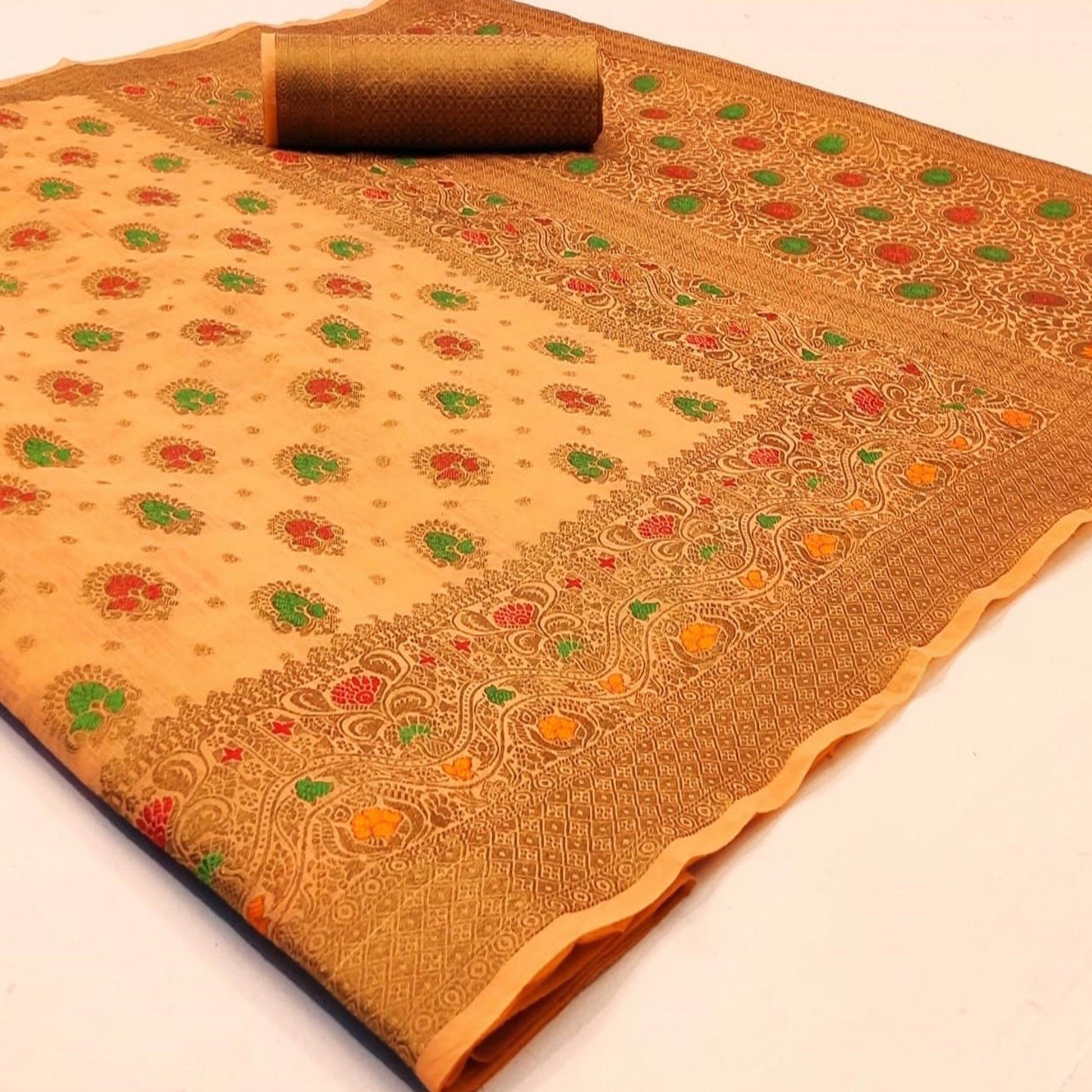 Intricate Light Orange Colored Festive Wear Woven Cotton Saree