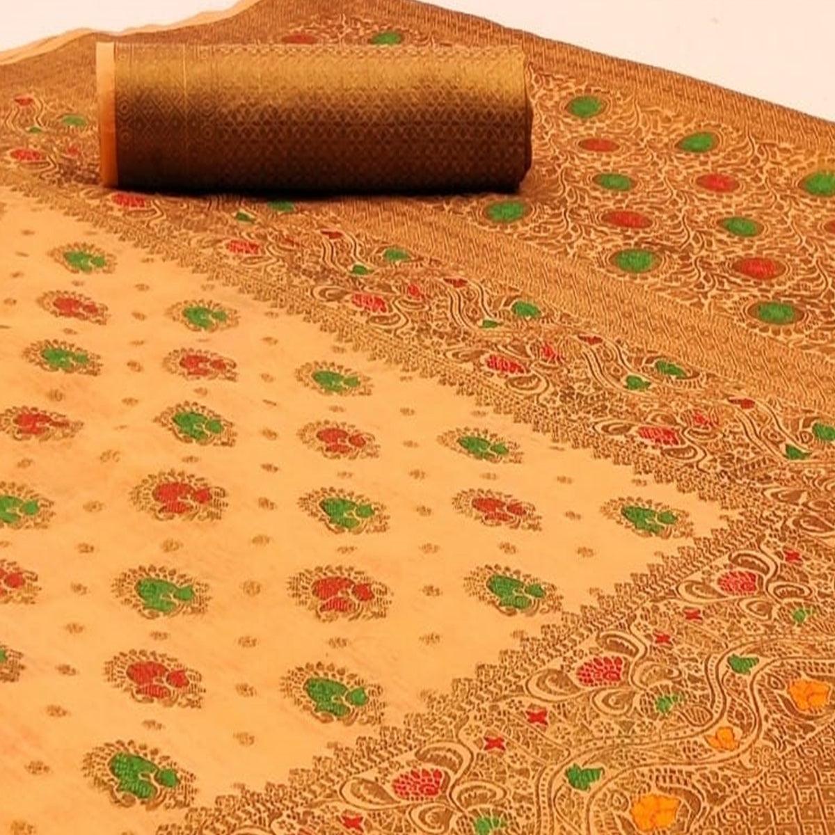Intricate Light Orange Colored Festive Wear Woven Cotton Saree