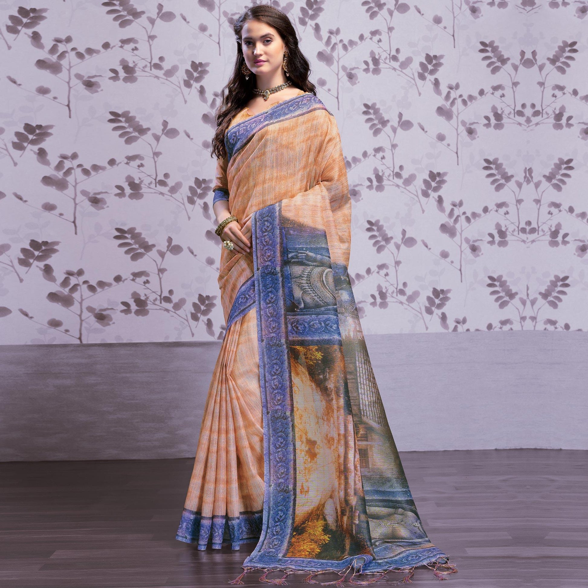 Intricate Light Orange Colored Party Wear Printed Art Silk Saree