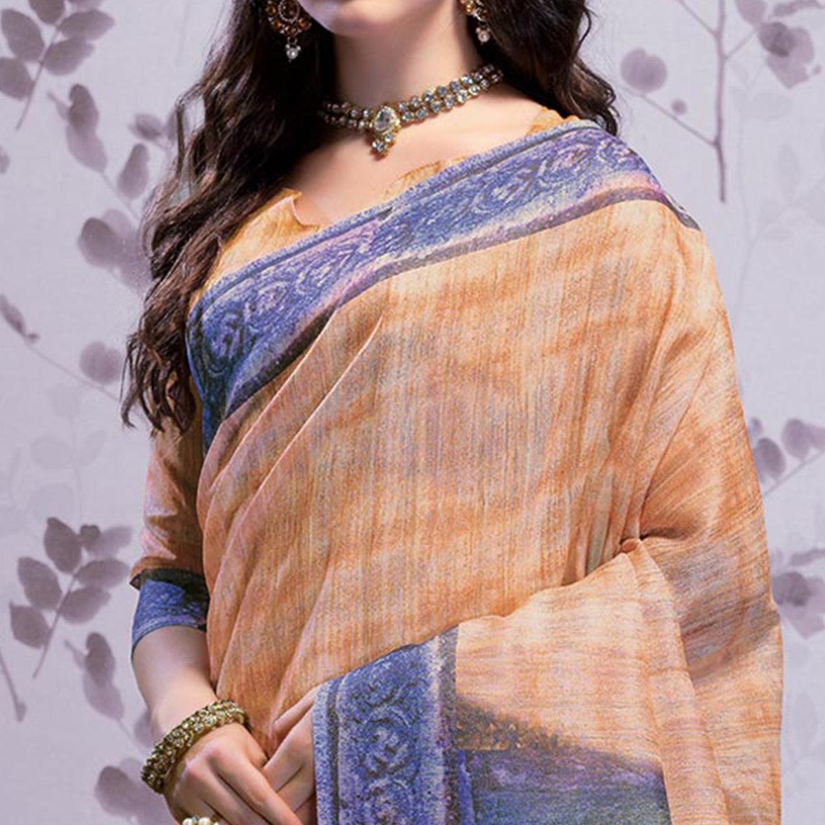Intricate Light Orange Colored Party Wear Printed Art Silk Saree