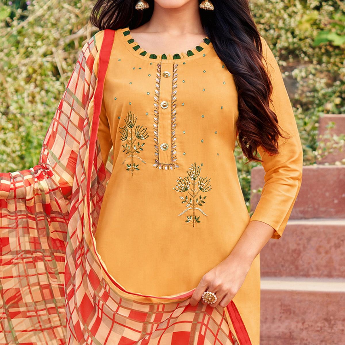 Intricate Light Orange Colored Partywear Embroidered Modal Cotton Dress Material