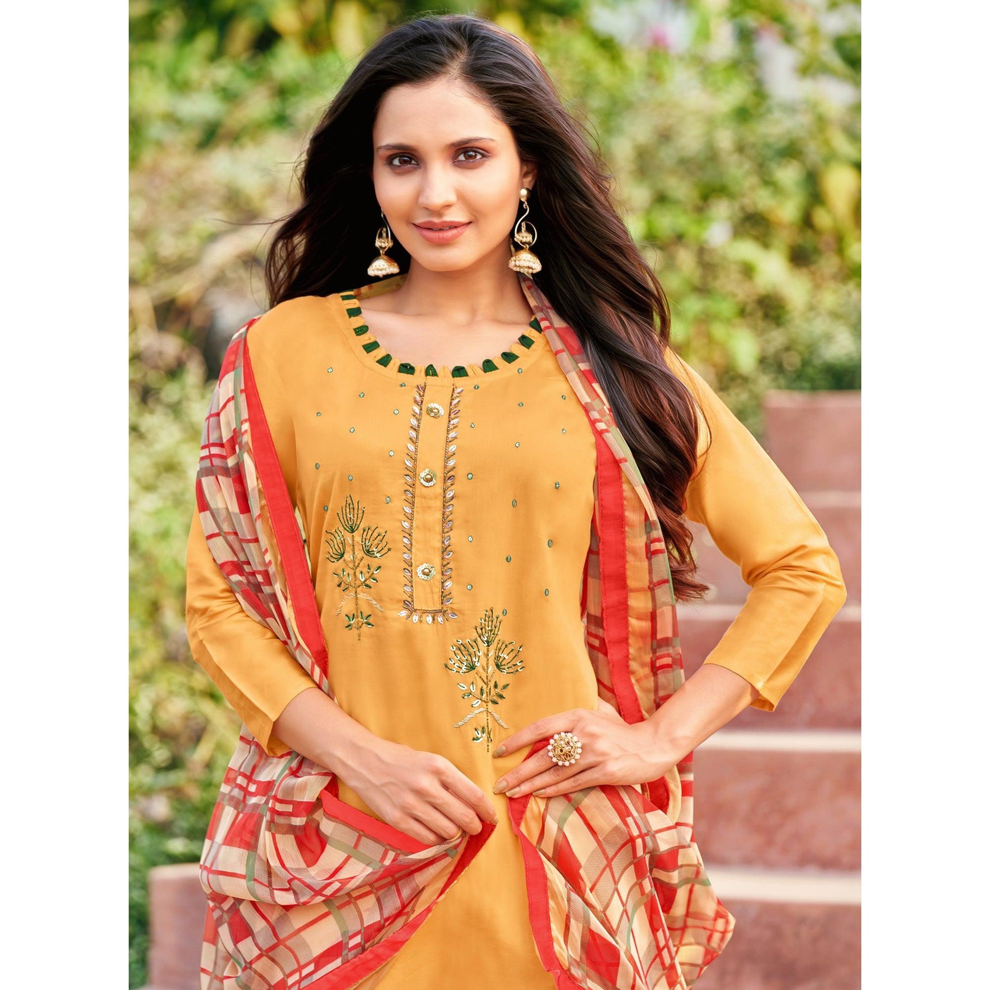 Intricate Light Orange Colored Partywear Embroidered Modal Cotton Dress Material