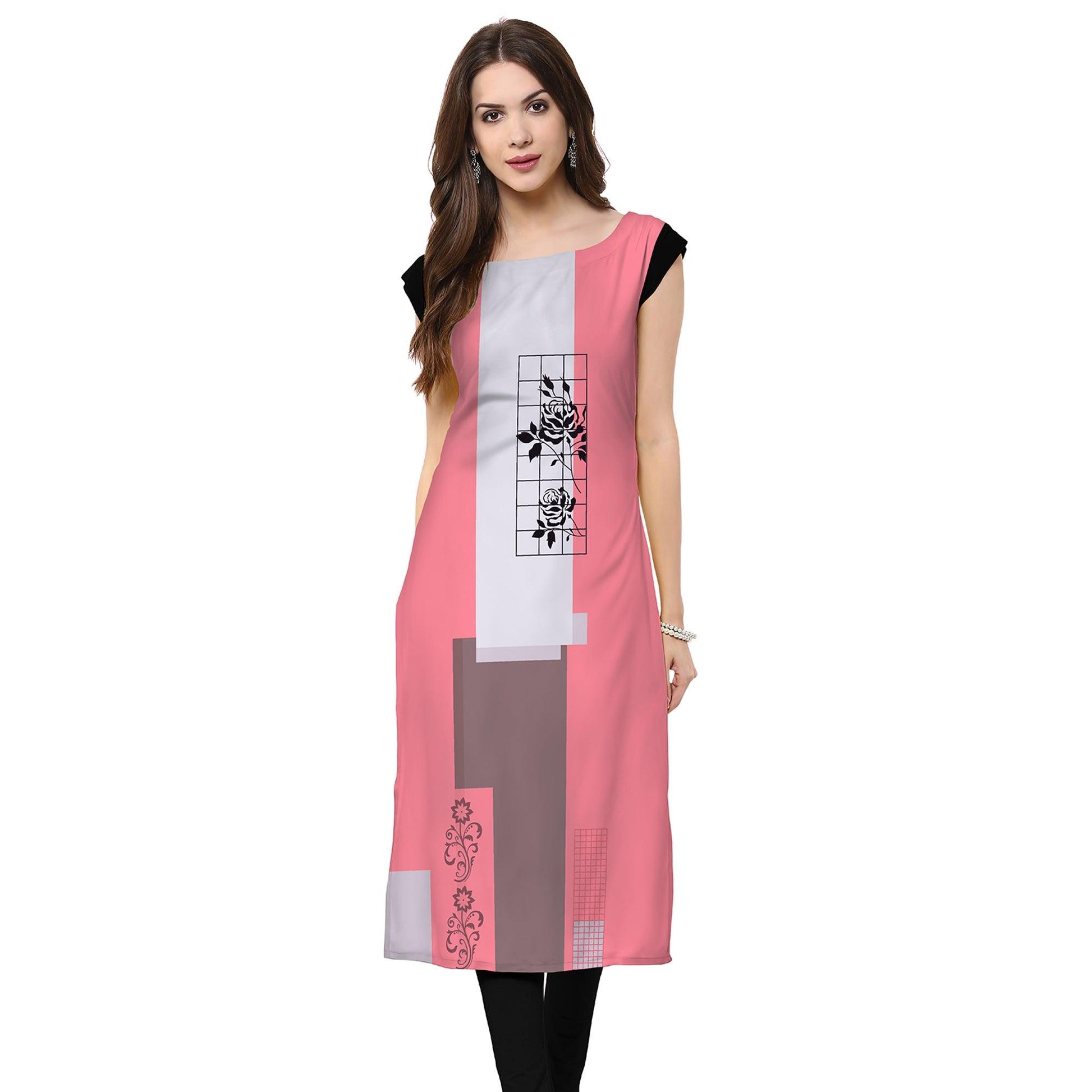 Intricate Light Pink Colored Casual Printed Rayon Kurti