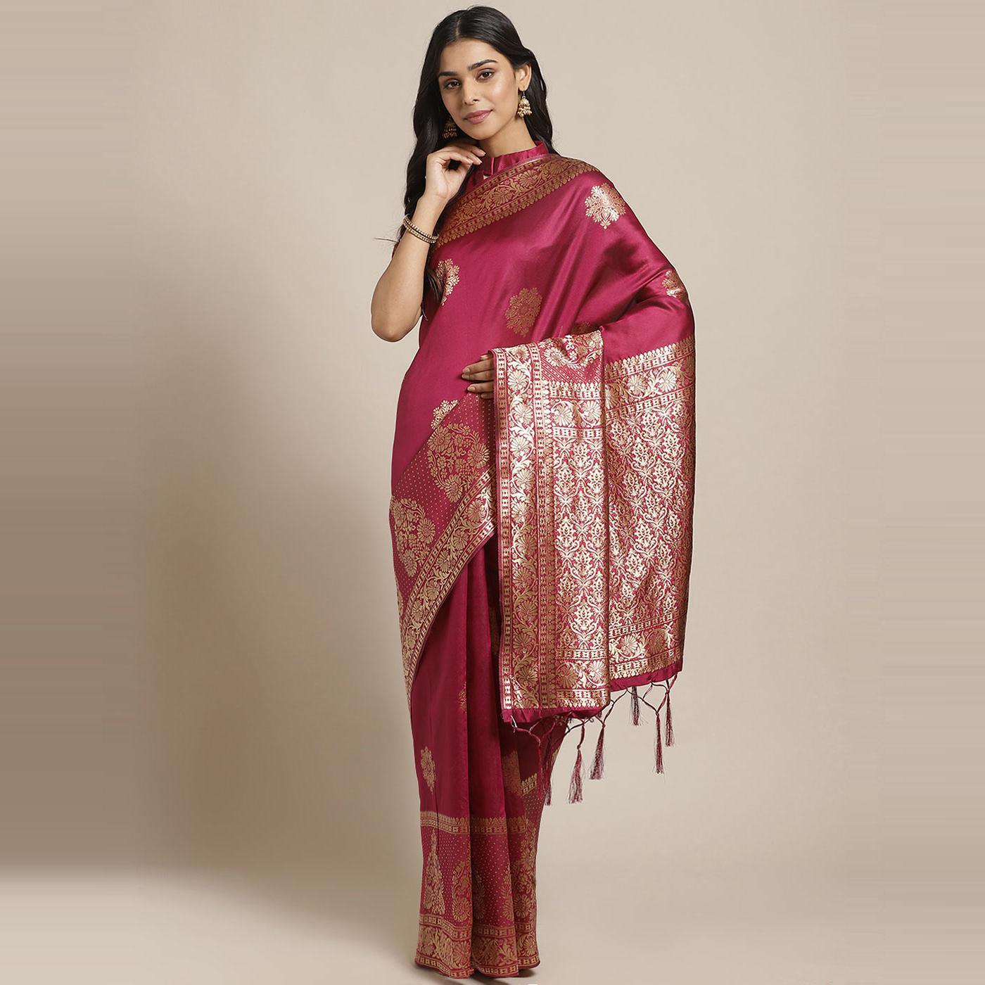 Intricate Magenta Colored Festive Wear Woven Silk Blend Saree