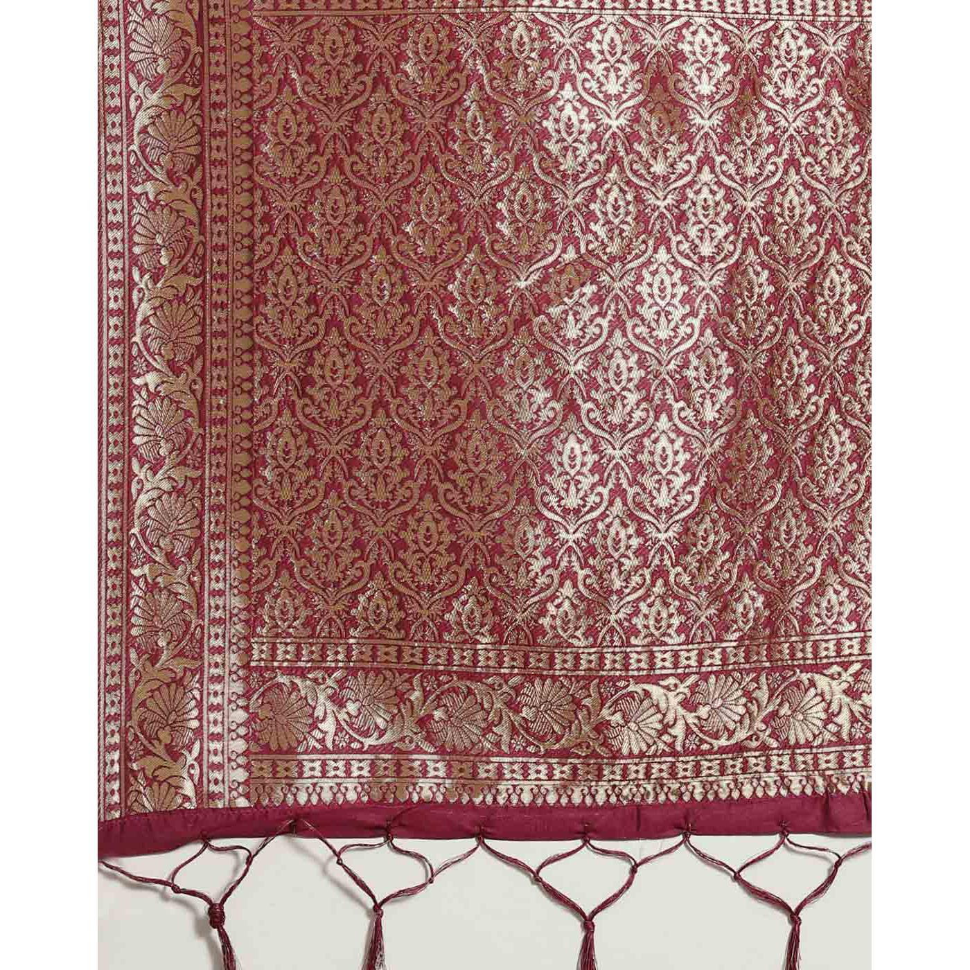 Intricate Magenta Colored Festive Wear Woven Silk Blend Saree
