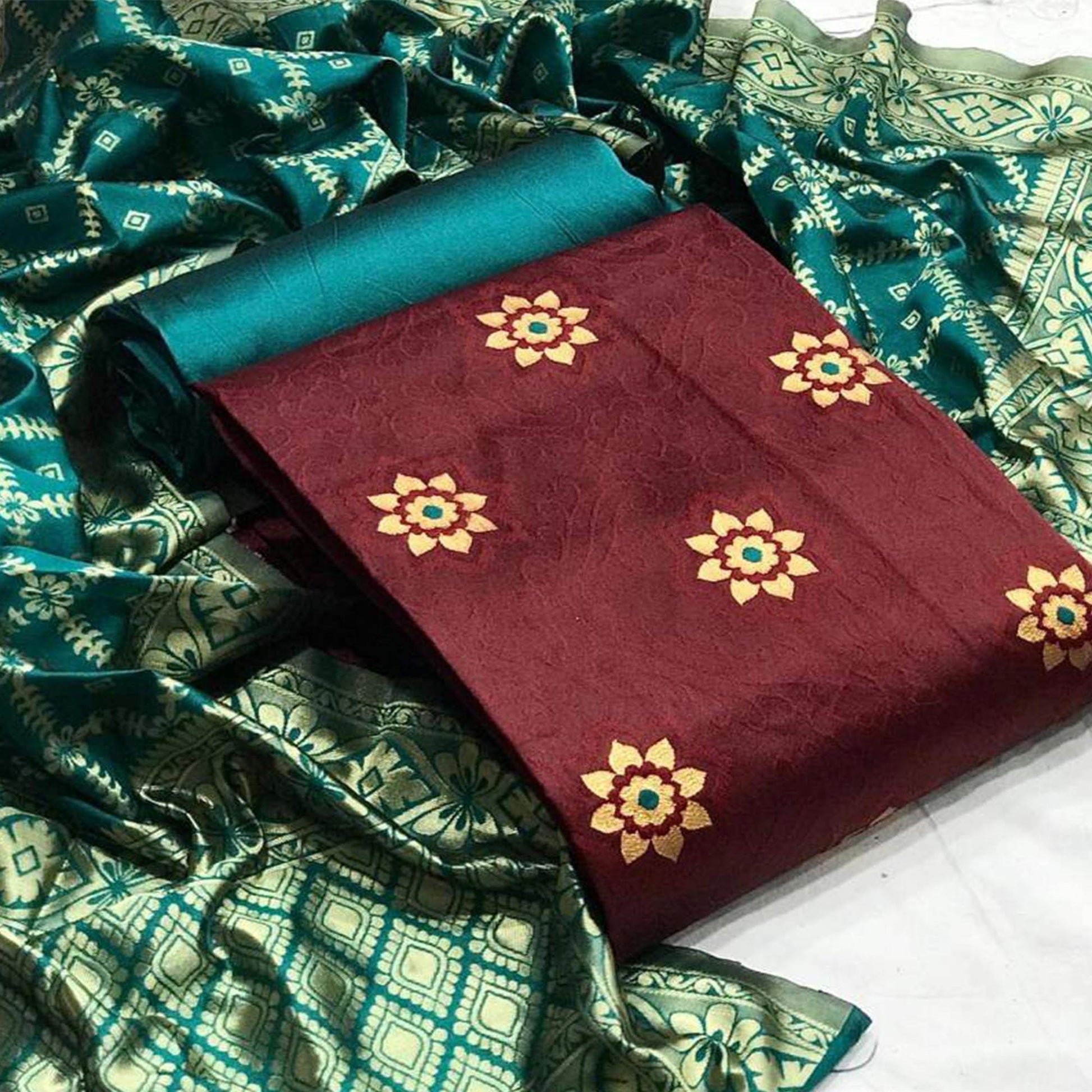 Intricate Maroon Colored Casual Wear Banarasi Silk Dress Material