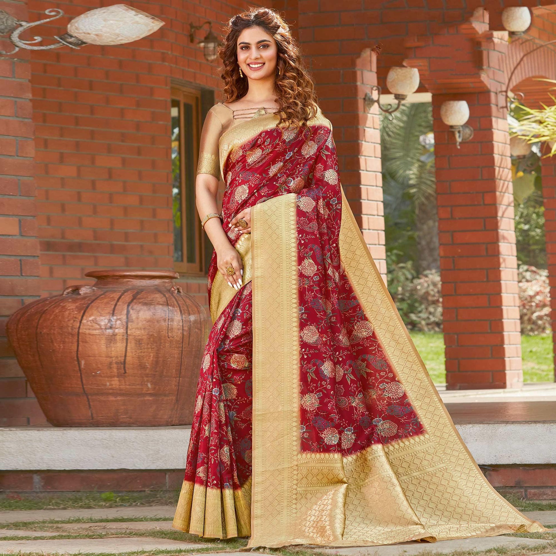 Intricate Maroon Colored Festive Wear Floral Digital Printed Silk Saree
