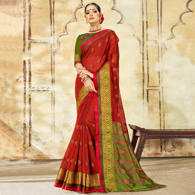 Intricate Maroon Colored Festive Wear Woven Cotton Saree