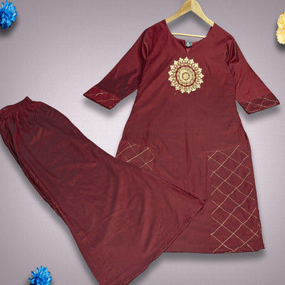 Intricate Maroon Colored Partywear Embroidered Pure Viscose Silk Kurti-Palazzo Set
