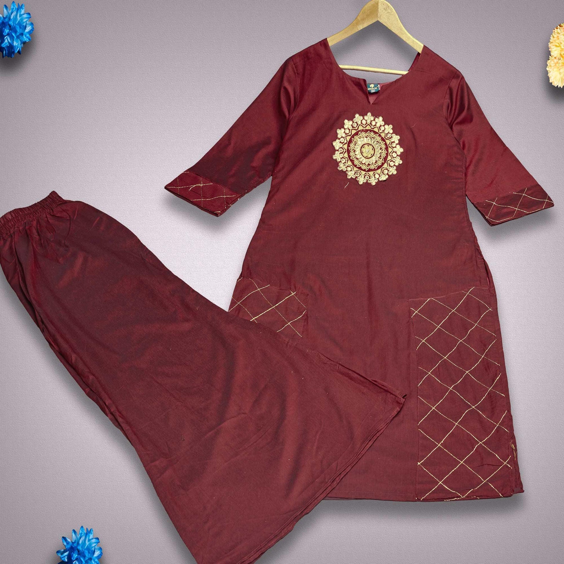 Intricate Maroon Colored Partywear Embroidered Pure Viscose Silk Kurti-Palazzo Set