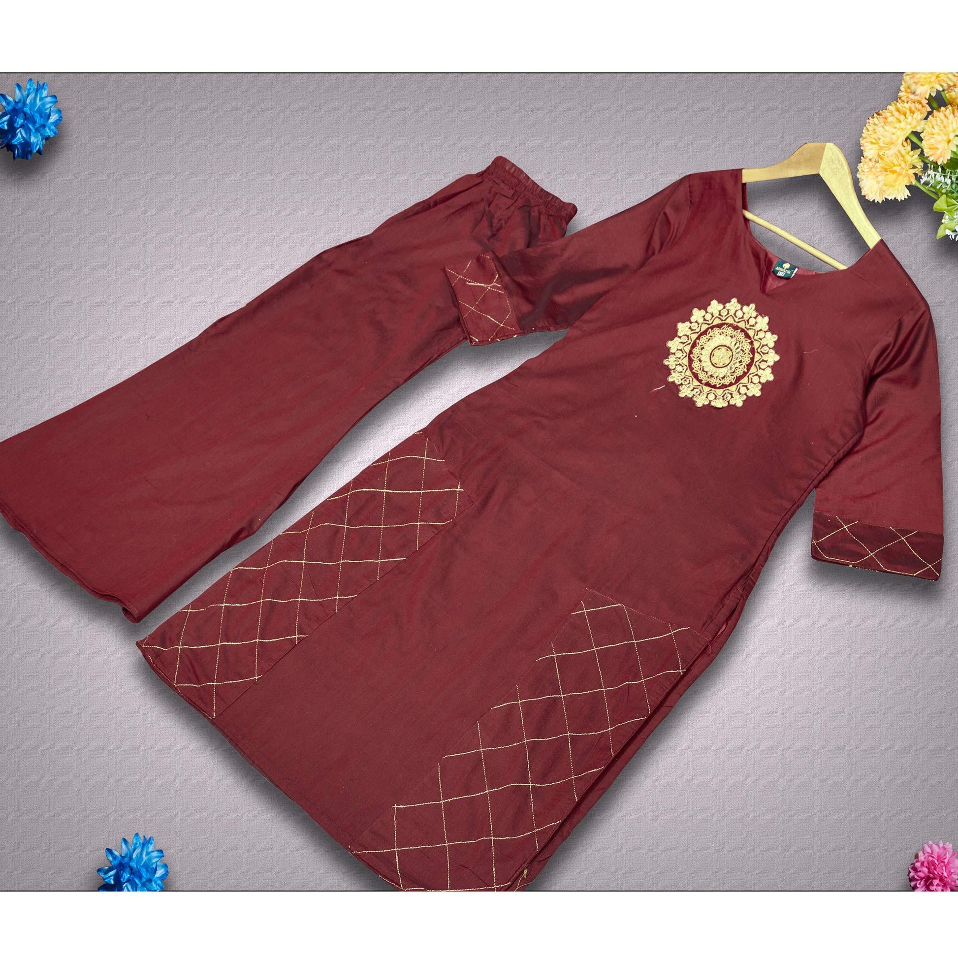 Intricate Maroon Colored Partywear Embroidered Pure Viscose Silk Kurti-Palazzo Set