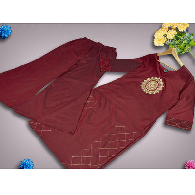 Intricate Maroon Colored Partywear Embroidered Pure Viscose Silk Kurti-Palazzo Set