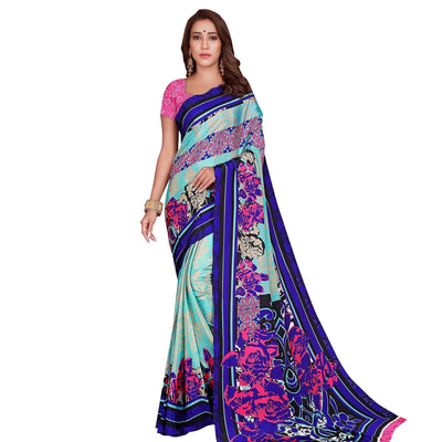 Intricate Mint Green-Blue Colored Casual Wear Printed Crepe Saree
