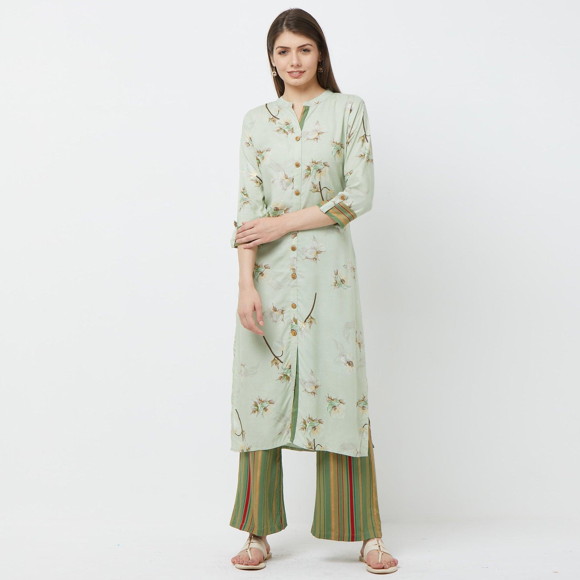 Intricate Mint Green Colored Casual Floral Printed Cotton Kurti-Palazzo Set