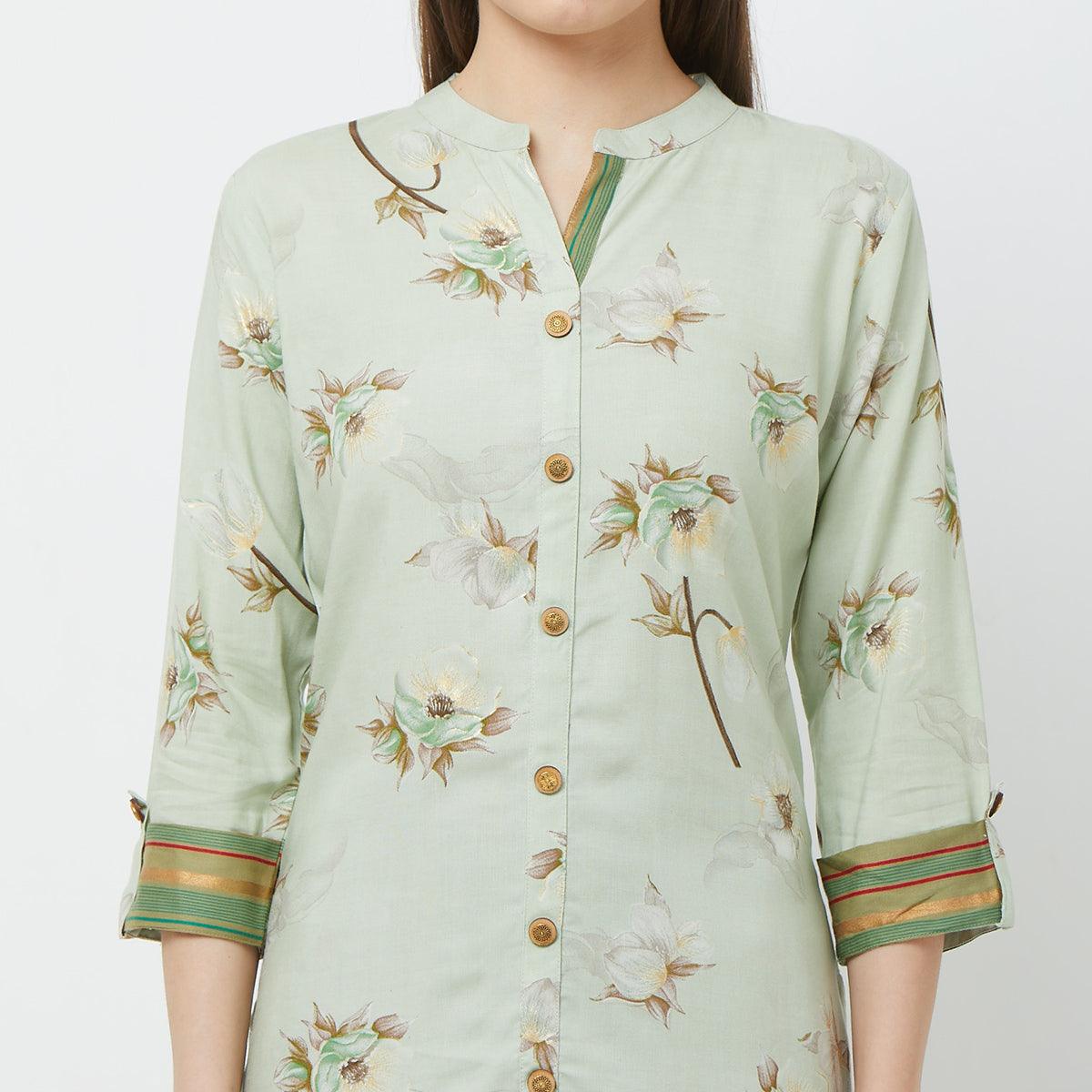 Intricate Mint Green Colored Casual Floral Printed Cotton Kurti-Palazzo Set