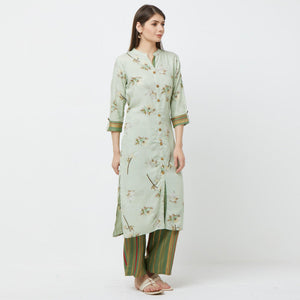Intricate Mint Green Colored Casual Floral Printed Cotton Kurti-Palazzo Set