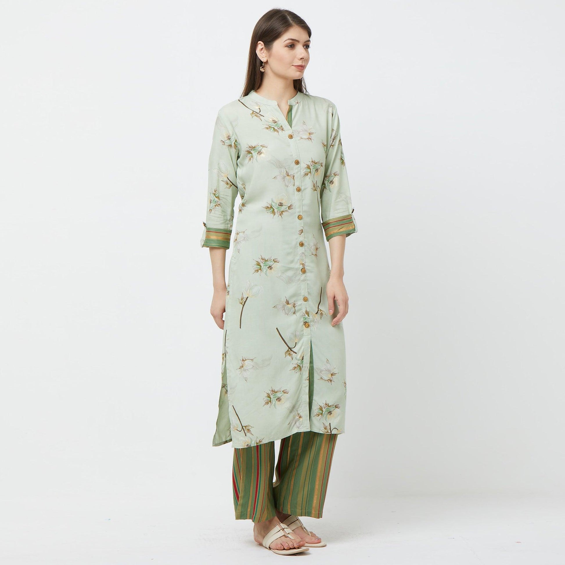Intricate Mint Green Colored Casual Floral Printed Cotton Kurti-Palazzo Set