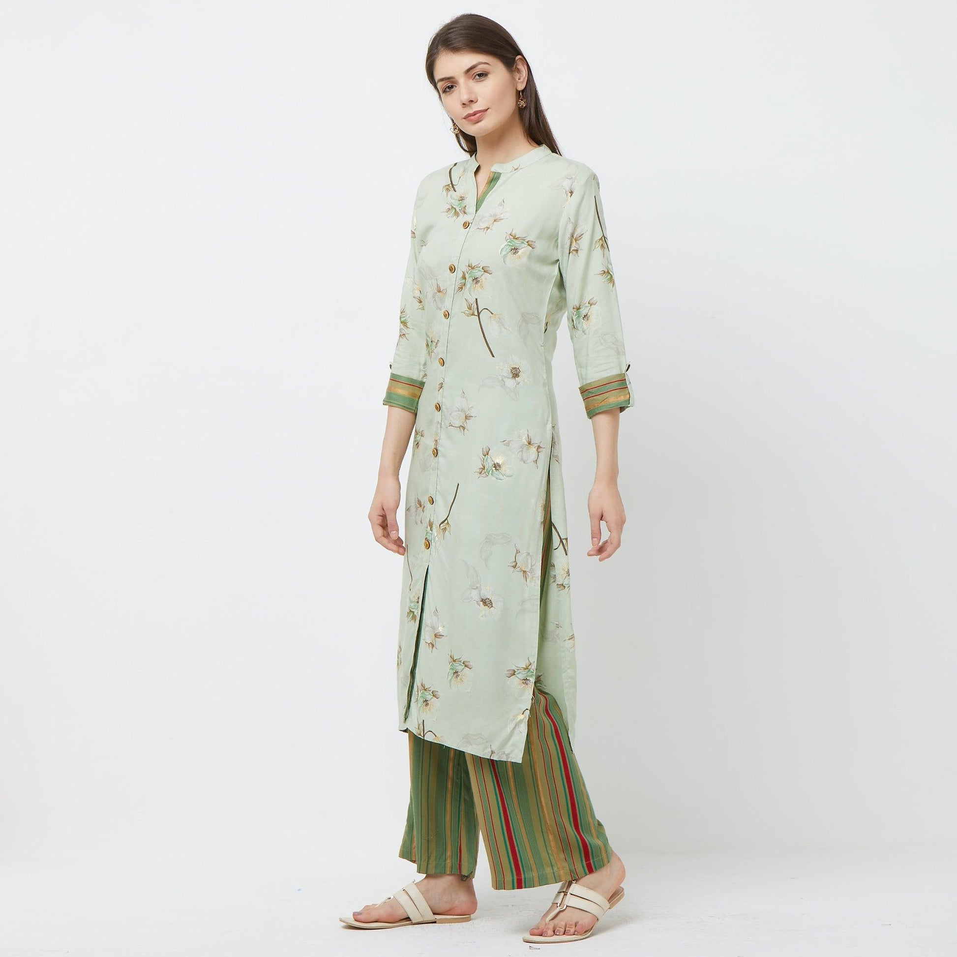 Intricate Mint Green Colored Casual Floral Printed Cotton Kurti-Palazzo Set