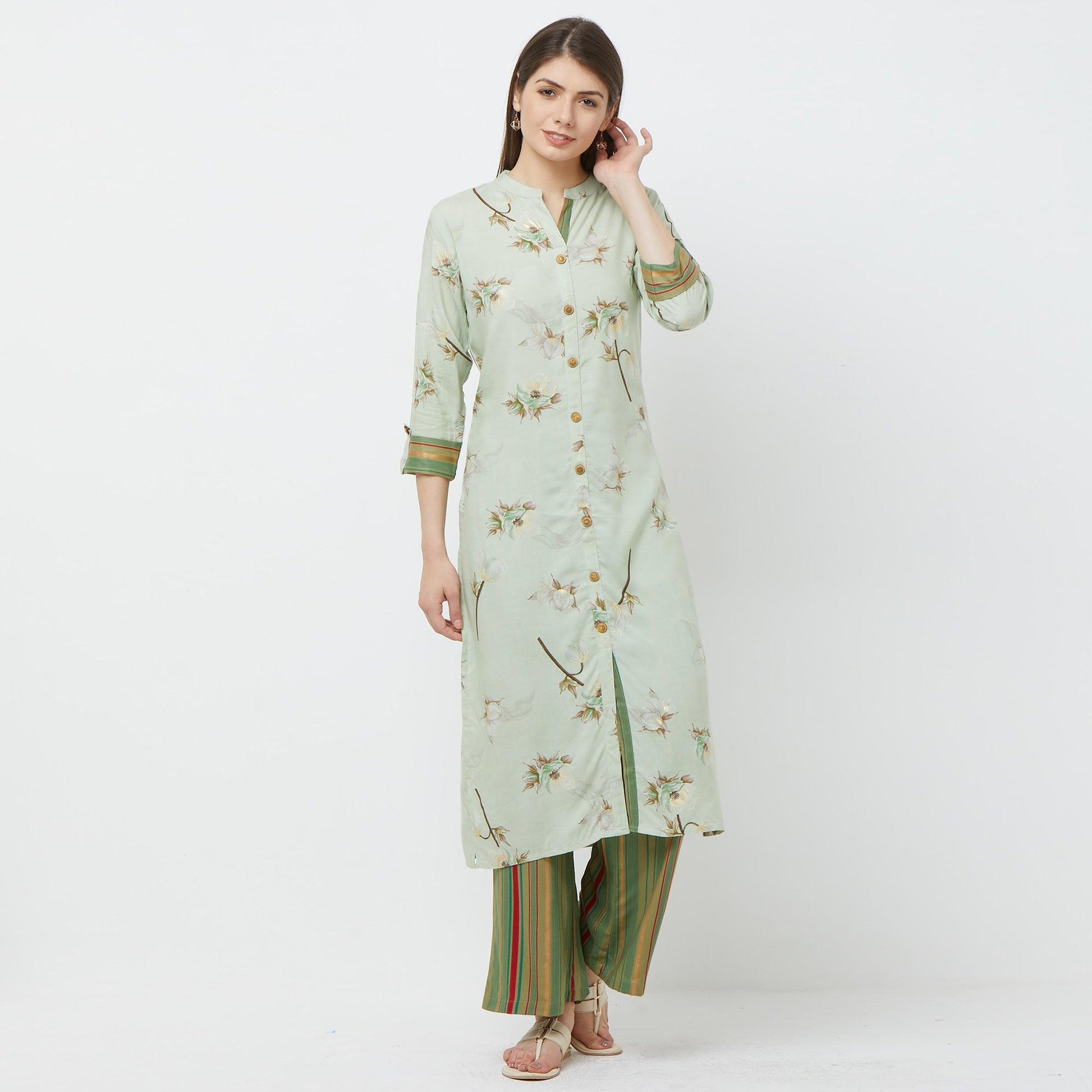 Intricate Mint Green Colored Casual Floral Printed Cotton Kurti-Palazzo Set
