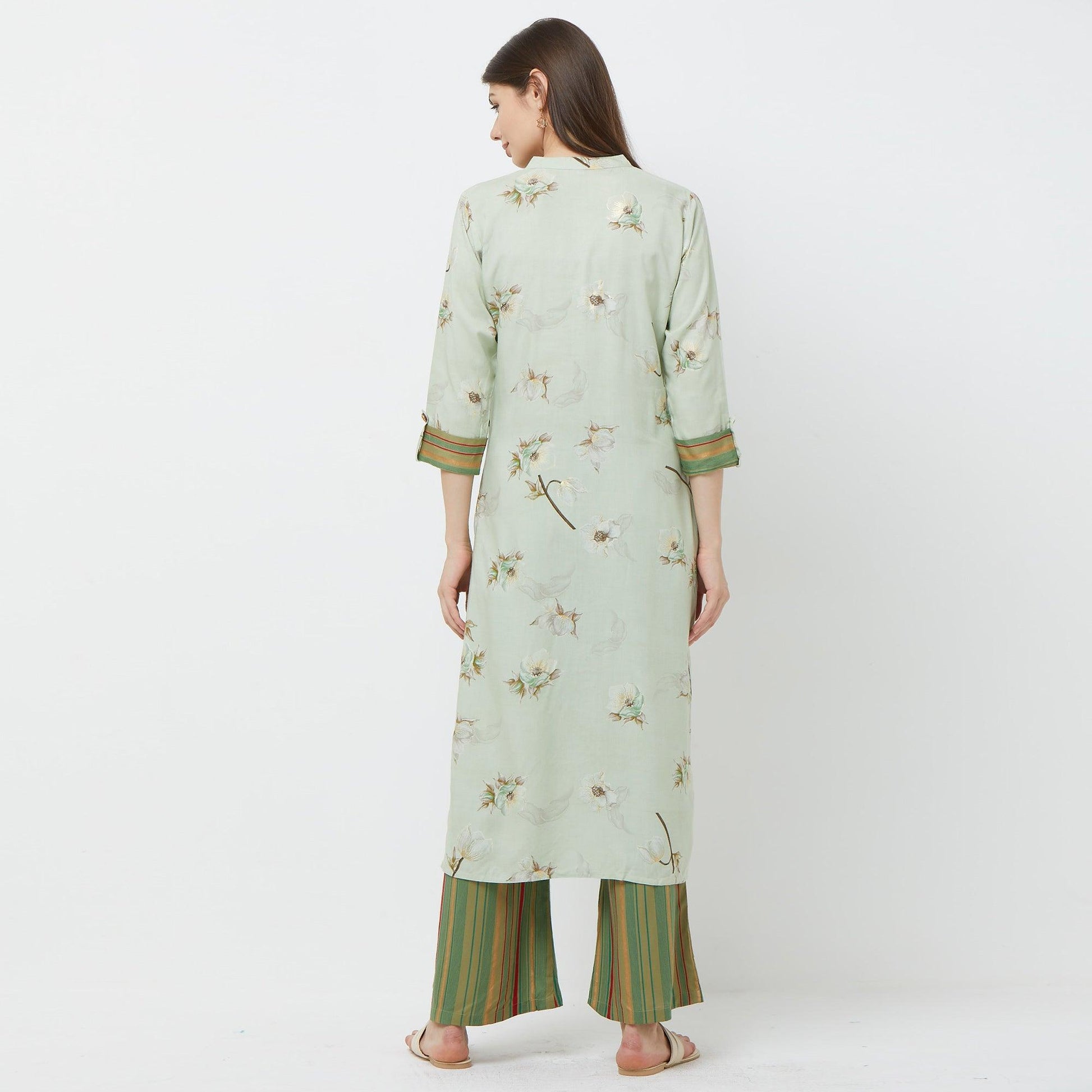 Intricate Mint Green Colored Casual Floral Printed Cotton Kurti-Palazzo Set