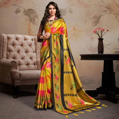 Intricate Multi Colored Festive Wear Printed Silk Blend Saree With Tassels