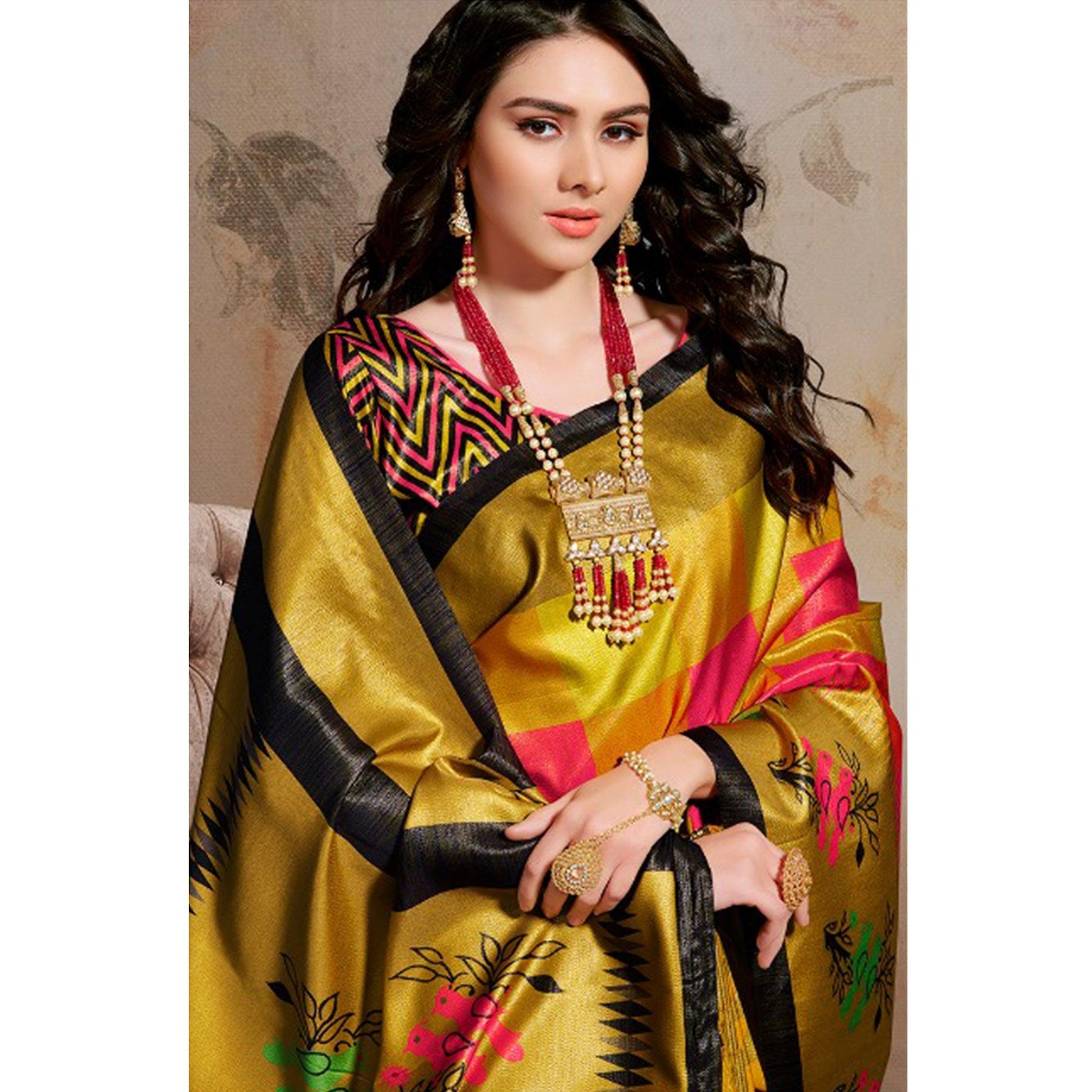 Intricate Multi Colored Festive Wear Printed Silk Blend Saree With Tassels