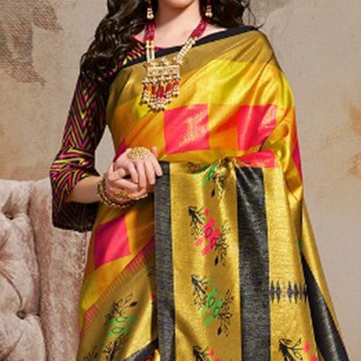 Intricate Multi Colored Festive Wear Printed Silk Blend Saree With Tassels