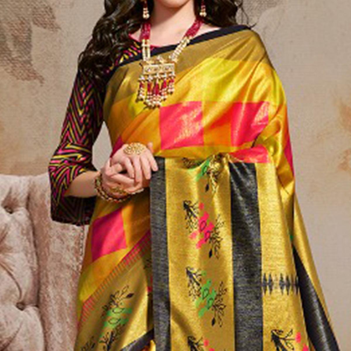 Intricate Multi Colored Festive Wear Printed Silk Blend Saree With Tassels