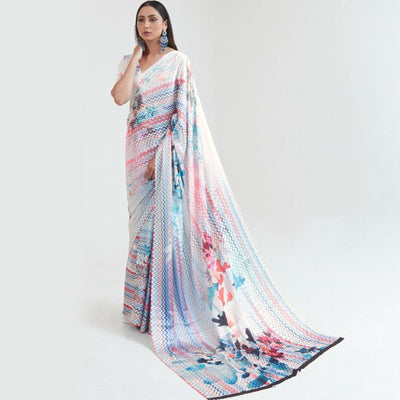 Intricate Multi Coloured Casual Wear Digital Printed Satin Saree