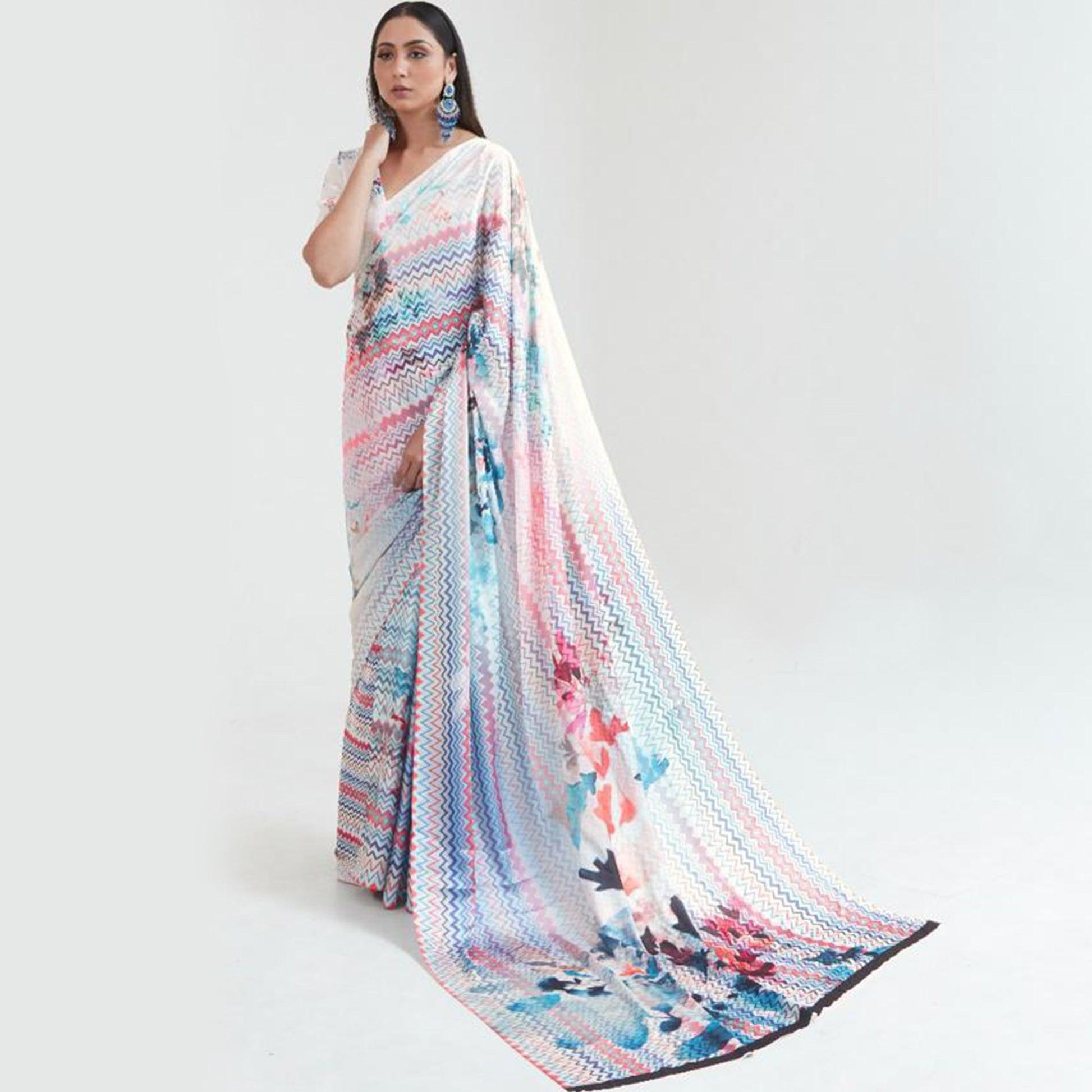 Intricate Multi Coloured Casual Wear Digital Printed Satin Saree